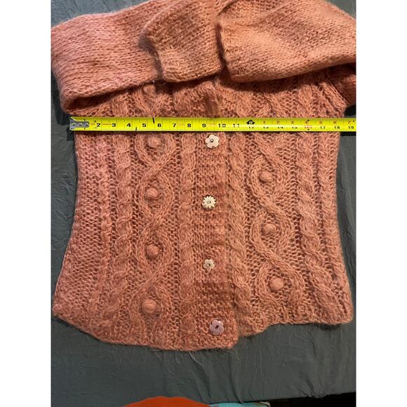 Free People Pink Mohair Blend Cable Knit Cardigan Sweater Size mMBoho - Picture 6 of 8